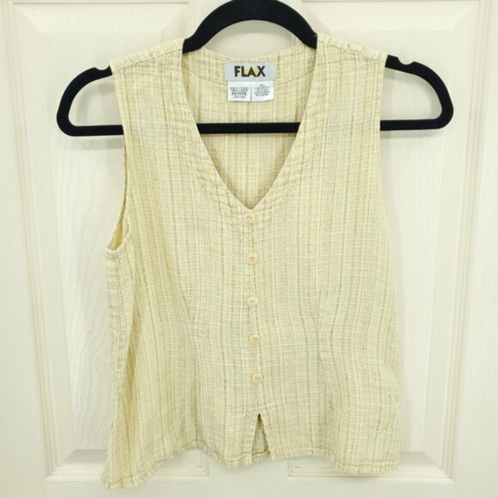 Flax 100% Linen Cropped Button-Front Woven Shell Top S Yellow